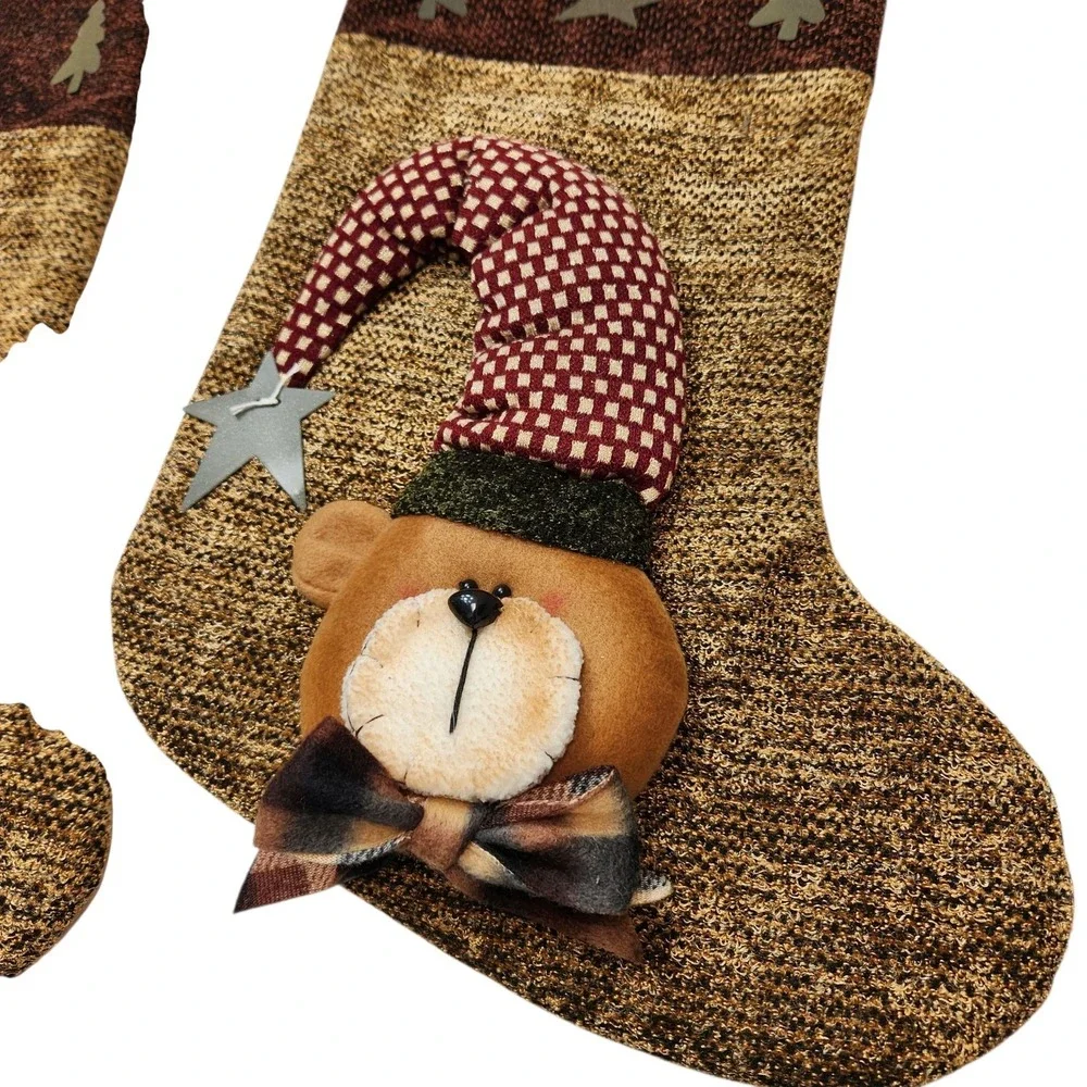 2 Vintage Large Christmas Stocking 3D Teddy Bear Plush Rustic Country Brown Bow
